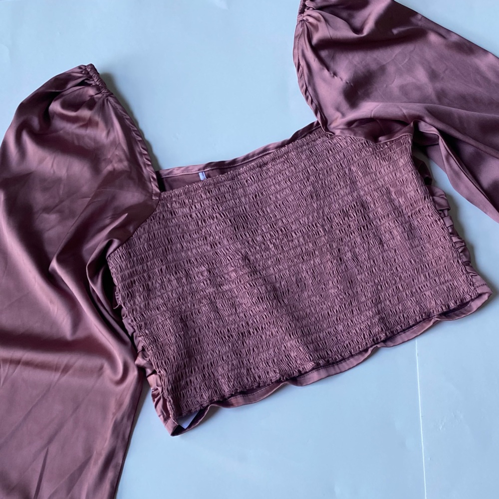 Camellia Mauve Barbie Pink Balloon Sleeve Peasant Crop Top (L)